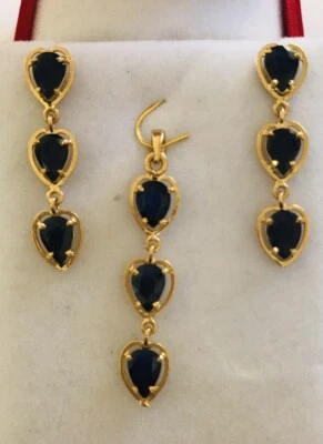 Conjunto de colgante y pendiente de oro amarillo macizo de 12k con zafiro pera natural 5,1 Foto 1 de 4