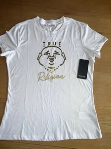 Beautiful ladies genuine true religion top White Buddha Foil bnwt rrp£59 size L - Picture 1 of 10