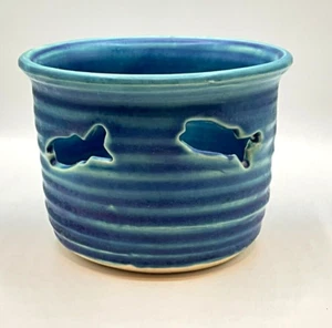 Blue Fish Cut Out Decorative Art Pottery Bowl Signed  - Picture 1 of 7
