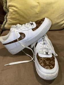 Nike AF1 Air Force 1  LV Design Youth Size 6 White/Brown & Tan  EUC - Picture 1 of 8