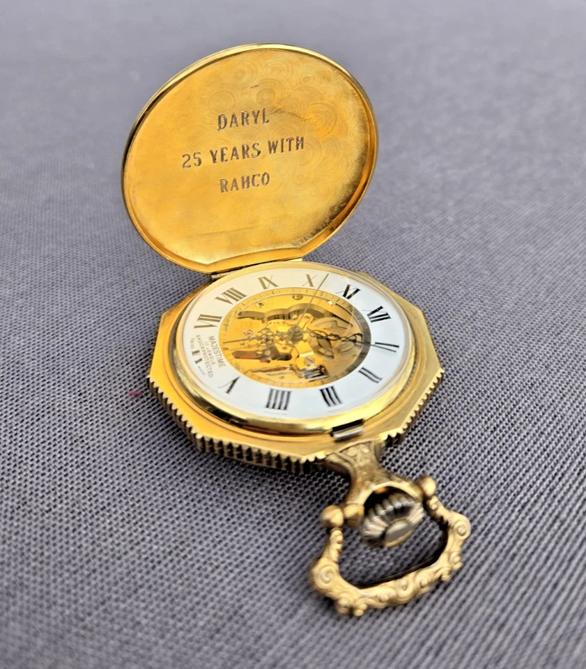 Majestime skeleton pocket watch gold tone working, car motif, engraved inside... - Image 1 of 4