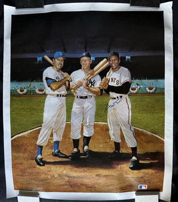 W. Mays, D. Snider, M. Mantel print by Ron Lewis 1986 autographed by W Mays -COA - Image 1 of 4