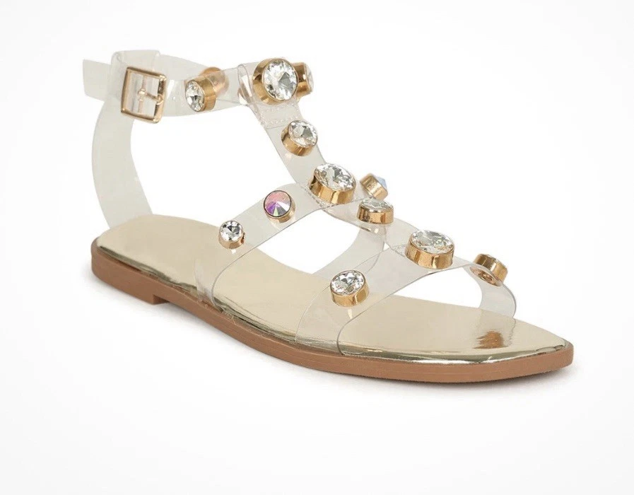 Sandalias planas doradas Liliana para mujer con tiras transparentes con estrás punta abierta talla 5,5 nuevas sin caja Foto 1 de 1