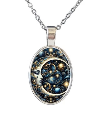 Collar Celestial Noche Estrellada Sol Luna Plata Colgante Vidrio Para Mujer Foto 1 de 4