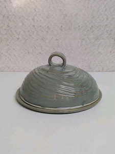 Cheese Butter Dish with Domed Lid Round Green Studio Art Pottery Patina Signed - Picture 1 of 14