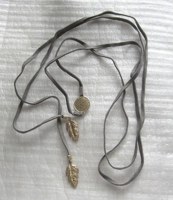 Gray Leather with Gold Leaves & Disk #necklace #jewelry #fashion - Image 1 of 4