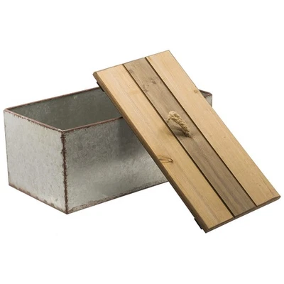 Decorative Rustic Galvanized Metal Storage Box with Wooden Lid 12"W x 6.5"D - Image 1 of 4