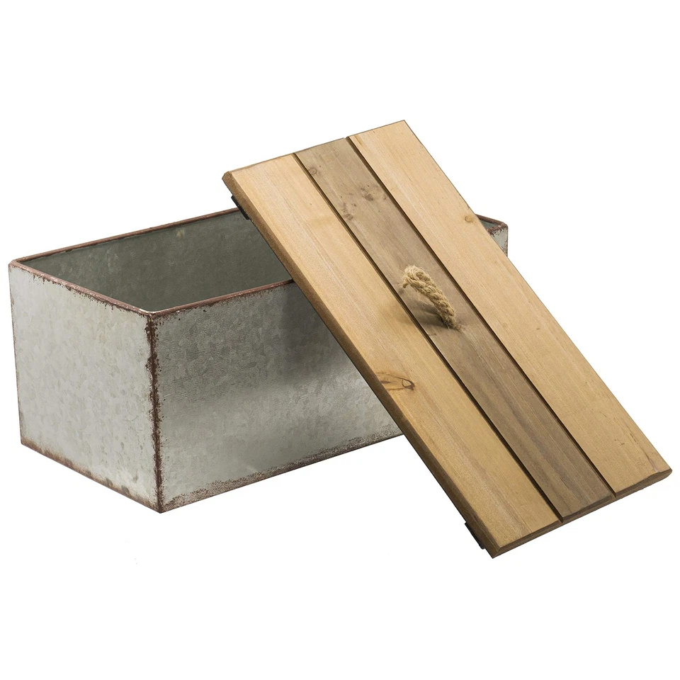 Decorative Rustic Galvanized Metal Storage Box with Wooden Lid 12"W x 6.5"D - Image 1 of 4