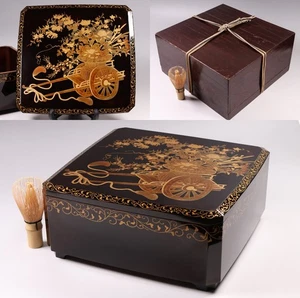 Japanese Lacquer Sweets Box 11.02inch Gold Flower Cart Kaga Makie Meiji Era 19th - Picture 1 of 22