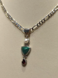 Malachite Pearl And Garnet Necklace 6mm Solid Figaro Chain - Picture 1 of 13