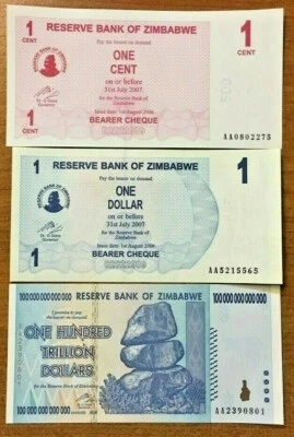 Zimbabwe 1 Cent 1 Dollar & 100 Trillion Dollars UNC Currency Lowest to Highest - Image 1 of 3