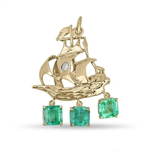 2,95tcw Unikat Of A Kind Kolumbianischer Smaragd & Diamant Pirat Seemann Gold Anhänger 14K - Bild 1 von 8