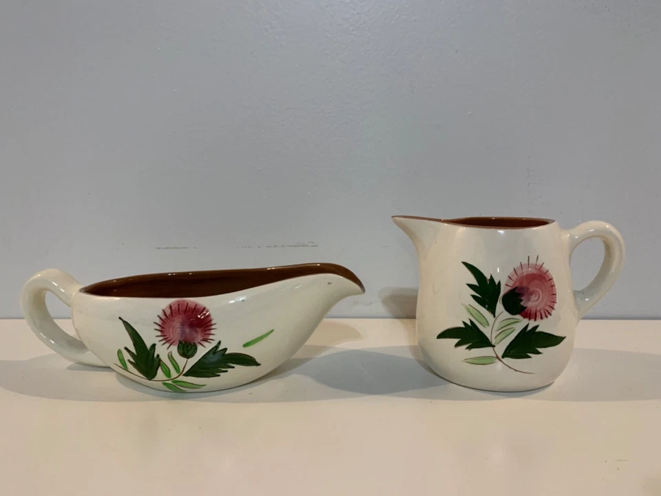 Vintage Stangl Pottery Hand Painted “Thistle” 12 Gravy Boat and 10 oz Pitcher - Image 1 of 4