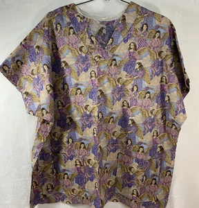 Angels Print SCRUB TOP Sz Lg MEDICAL DENTAL VET TECH Hospice Handmade OOAK NWOT - Picture 1 of 12