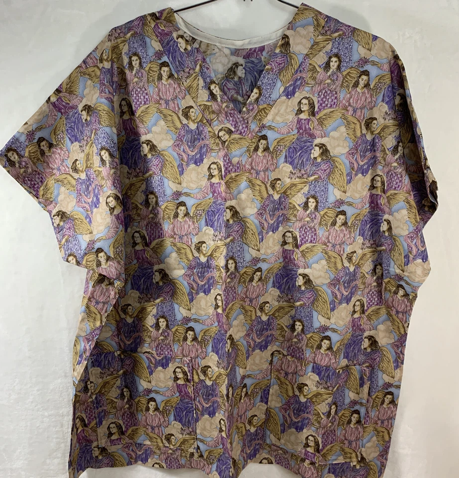 Angels Print SCRUB TOP Sz Lg MEDICAL DENTAL VET TECH Hospice Handmade OOAK NWOT - Image 1 of 4