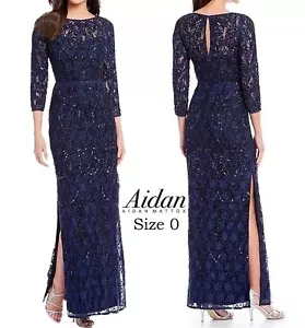 NWT Aidan Mattox Women's Embellished Floral Lace Navy Gown Size 0 - Picture 1 of 11