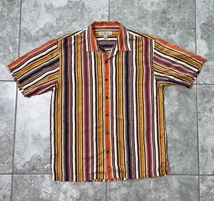 Camicia da campeggio Tommy Bahama vintage 100% seta a righe manica corta bottoni Aloha uomo M - Foto 1 di 13