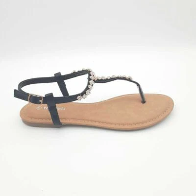TOP MODA Womens Hydra Thong Sandals Black Brown Adjustable Buckle Flat 7 New - Image 1 of 4