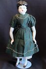 Vintage China Head Low Brown Doll 17” Black Hair Red Bow Shoes Green Dress