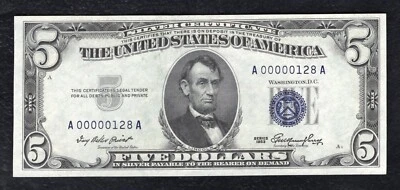 FR. 1706 1953 $5 FIVE DOLLARS SILVER CERTIFICATE “LOW S/N 128” GEM UNCIRCULATED - Image 1 of 2