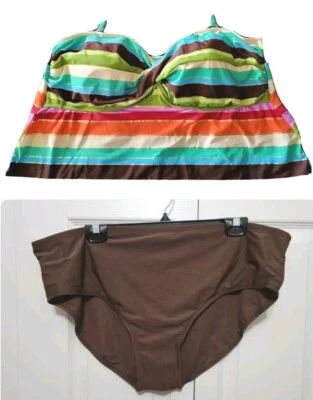  Traje de baño SAND N SUN TANKINI 2 piezas cuello halter 3X 22W-24W rayas acento metálico Foto 1 de 4