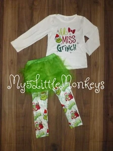 NEW Dr Seuss Lil Miss Grinch Who Stole Christmas Girls Fur Skirt Boutique Outfit - Picture 1 of 7
