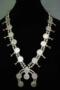 Vintage Navajo Mercury Dime Sterling Silver Squash Blossom Necklace 136.2g 24'' - Picture 1 of 8