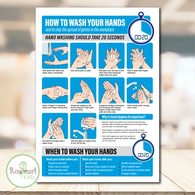 ROSEMART GIFTS How to wash your hands poster self adhesive vinyl sticker. A5 or A4 size