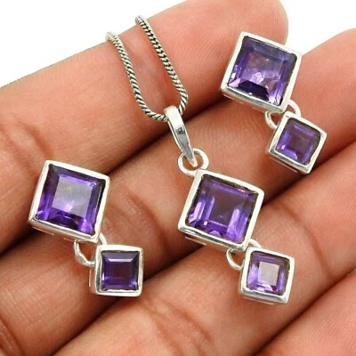 Regalo di Natale Gioielli Set Ametista Gemma Orecchini Set Ciondolo 925 Argento - Immagine 1 di 4