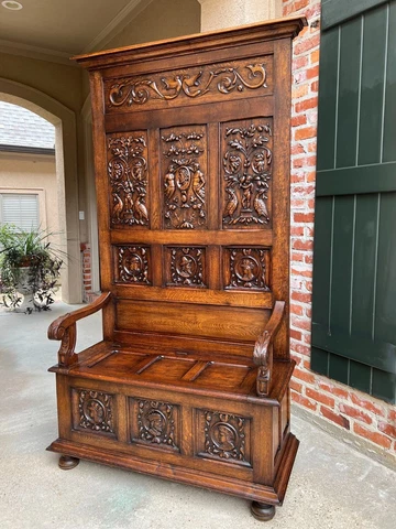 Antique French Hall Bench Settle Renaissance Carved Oak Breton Brittany c1890 Cover