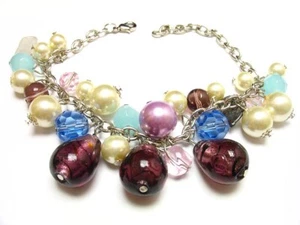 PURPLE FANCY DROPLET MURANO GLASS FAUX PEARLS CHARM BRACELET BR_SAS 125110 - Picture 1 of 1
