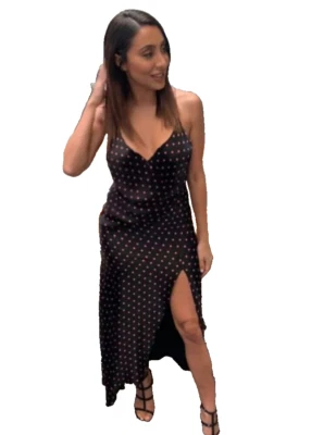 Vestido sin Mangas Bec & Bridge Kylie Talla 12/US 8 Negro Rosa Lunares PVP $240 Midi Foto 1 de 4