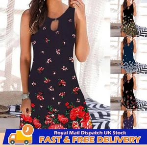 UK Womens Floral Summer Tank Dresses Ladies Holiday Beach Swing Mini Sundress - Picture 1 of 25