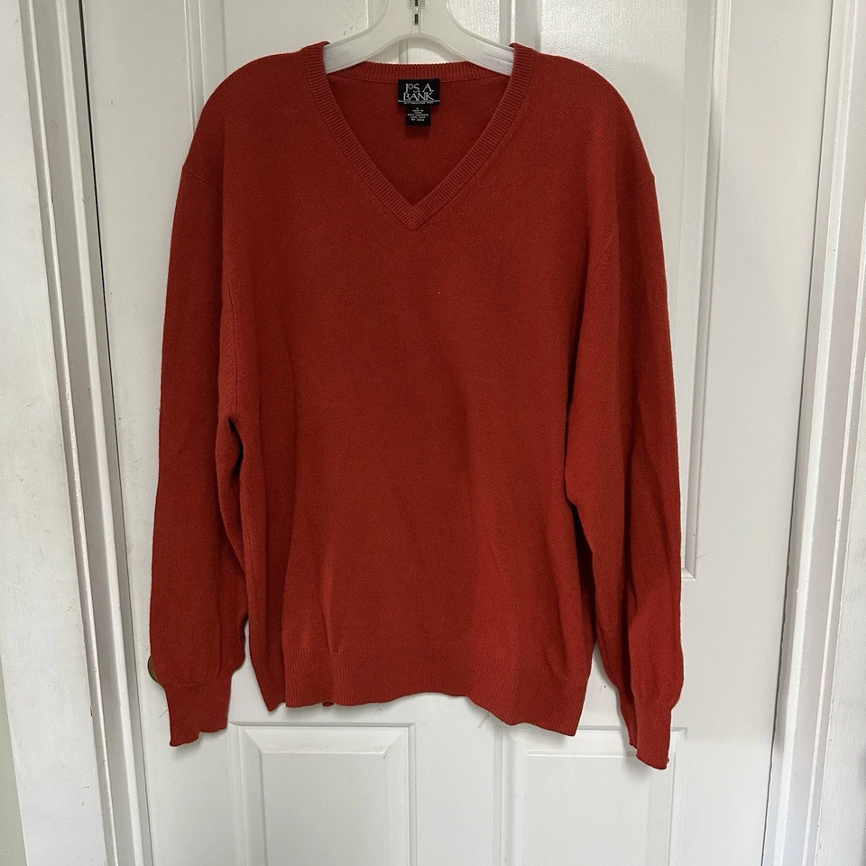 Jos A Bank Mens Large 100% Cashmere Sweater  V-Neck Knit Pullover Soft Red - Image 1 of 4