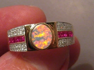 Herren Opal Ring mit Diamant und Rubin, massiv 14 Karat Gelbgold - Bild 1 von 12