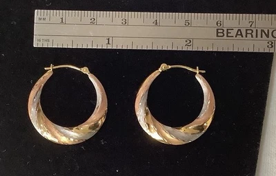 Beautiful Pair 14K Gold Tri Color Pierced Hoop Earrings Rose White & Yellow Gold - Image 1 of 4