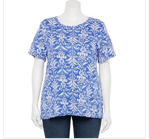 Croft & Barrow Essential Crewneck Tee Coral Print Blue Palm Floral 3x Baumwolle Neu - Bild 1 von 7