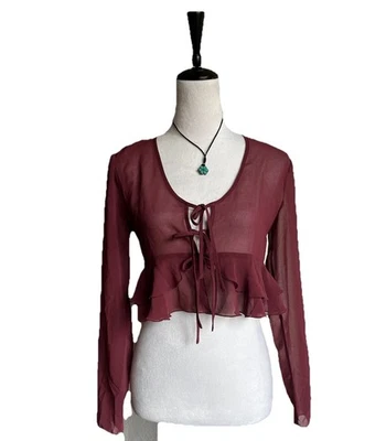 Sunday Best Women's Burgundy Sheer Cropped Front Tie Top Size XS - Image 1 of 4