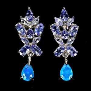 925 Sterling Silver Earrings Pear Blue Opal 7x5mm Tanzanite Gemstone Jewelry - Picture 1 of 14