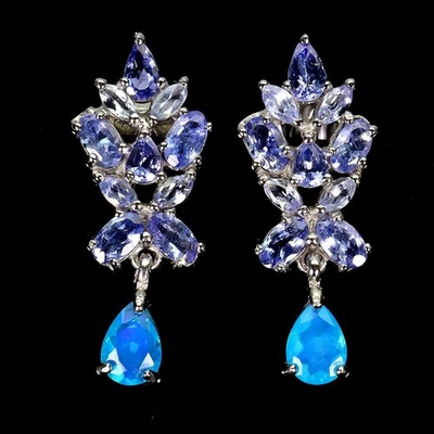 925 Sterling Silver Earrings Pear Blue Opal 7x5mm Tanzanite Gemstone Jewelry - Image 1 of 4