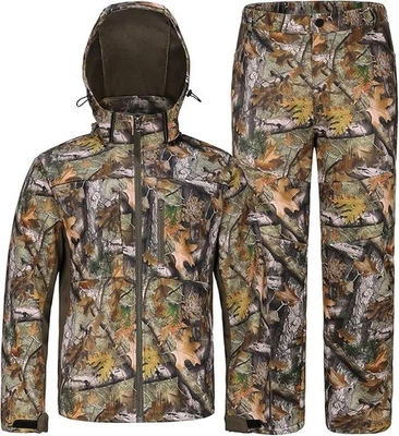 CAMOUFLAGE SILENT HUNTING JACKET & PANTS SET  FLEECE LINED  WATER RESISTANT 2XL - Image 1 of 4