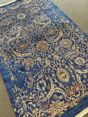 4’ X 6’ Transitional Hand Knotted  Area  Rug Sari Silk Floral Navy Blue/gold A - Image 1 of 4