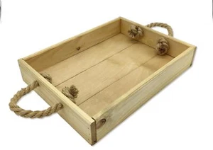 Holz Tablett mit Seil-Griffen natur braun 28 x 38cm flache Kiste Obst-Schale - Bild 1 von 5