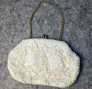 Vintage Small White Fine Beaded Work Evening Bag Purse - Picture 1 of 6