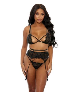 Eyelash Lace Bra, High Waist Garter Belt & G-String Black MD - Picture 1 of 2