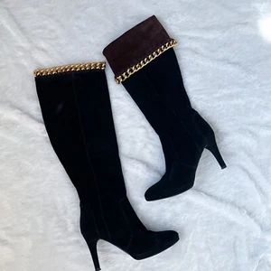 Carisma6 Hecho en Italia Botas de Gamuza Hasta la Rodilla Negro Marrón Dorado Cadena Stiletto 9.5 - Imagen 1 de 19