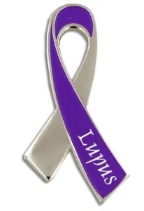 Lupus Awareness Lapel Pin Month May Purple Silver Ribbon with Lettering New - Picture 1 of 3