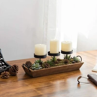 MyGift 3-Pillar Black Metal Candle Holder with Rustic Wood Tray and Handles - Image 1 of 4