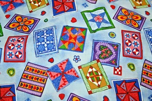 PRINTED QUILT BLOCKS ON BLUE FROM SEATTLE BAY - 100% COTTON FABRIC - Picture 1 of 4