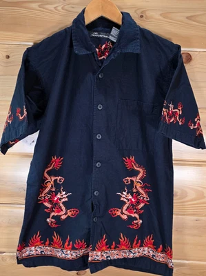Винтажная мужская рубашка Y2K No Boundaries Red Dragon Tribal на пуговицах средний размер синяя выцветшая - Изображение 1 из 4